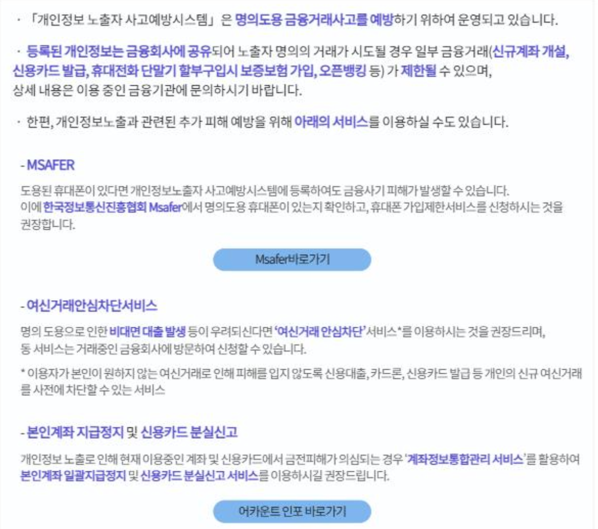 금융감독원 개인정보노출자 사고예방시스템 유의사항. 등록된 개인정보는 금융회사에 공유되어 신규계좌 개설, 신용카드 발급, 휴대전화 단말기 할부구입 시 보증보험 가입, 오픈뱅킹 등이 제한될 수 있다. 도용된 휴대폰이 있다면 한국정보통신진흥협회 Msafer에서 확인하고 가입제한을 신청하라고 권장. 비대면 대출이 우려되면 거래 중인 금융회사에서 여신거래 안심차단 신청, 금전 피해가 의심되면 계좌정보통합관리 서비스로 일괄 지급정지와 카드 분실신고