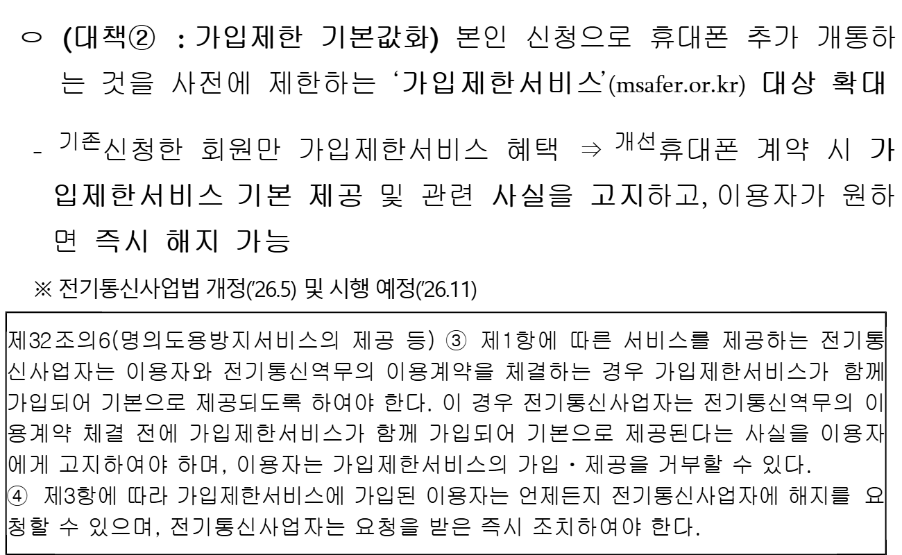 과기정통부 6월 30일 보도자료 참고자료. 대책② 가입제한 기본값화 — 기존에는 신청한 회원만 가입제한서비스 혜택, 개선 후 휴대폰 계약 시 가입제한서비스 기본 제공 및 사실 고지, 이용자가 원하면 즉시 해지 가능. 전기통신사업법 개정(26.5) 및 시행 예정(26.11). 제32조의6 제3항과 제4항 조문